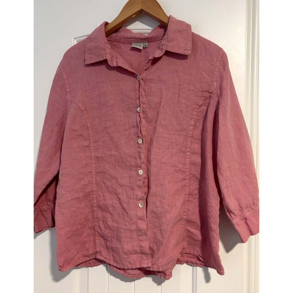Women's Pink Linen Button-Up Collared large cottagecore grannycore earthy
